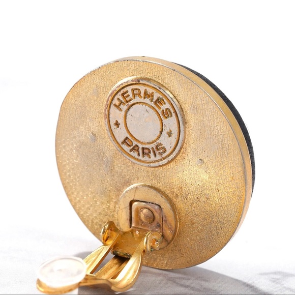 HERMES Selle Clip On Earrings Black Leather Gold Button - Picture 7 of 8